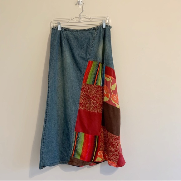 Vintage Skirt Patchwork Cabincore Boho Mixed Print Denim Midi Length Jean Skirt - Picture 12 of 14